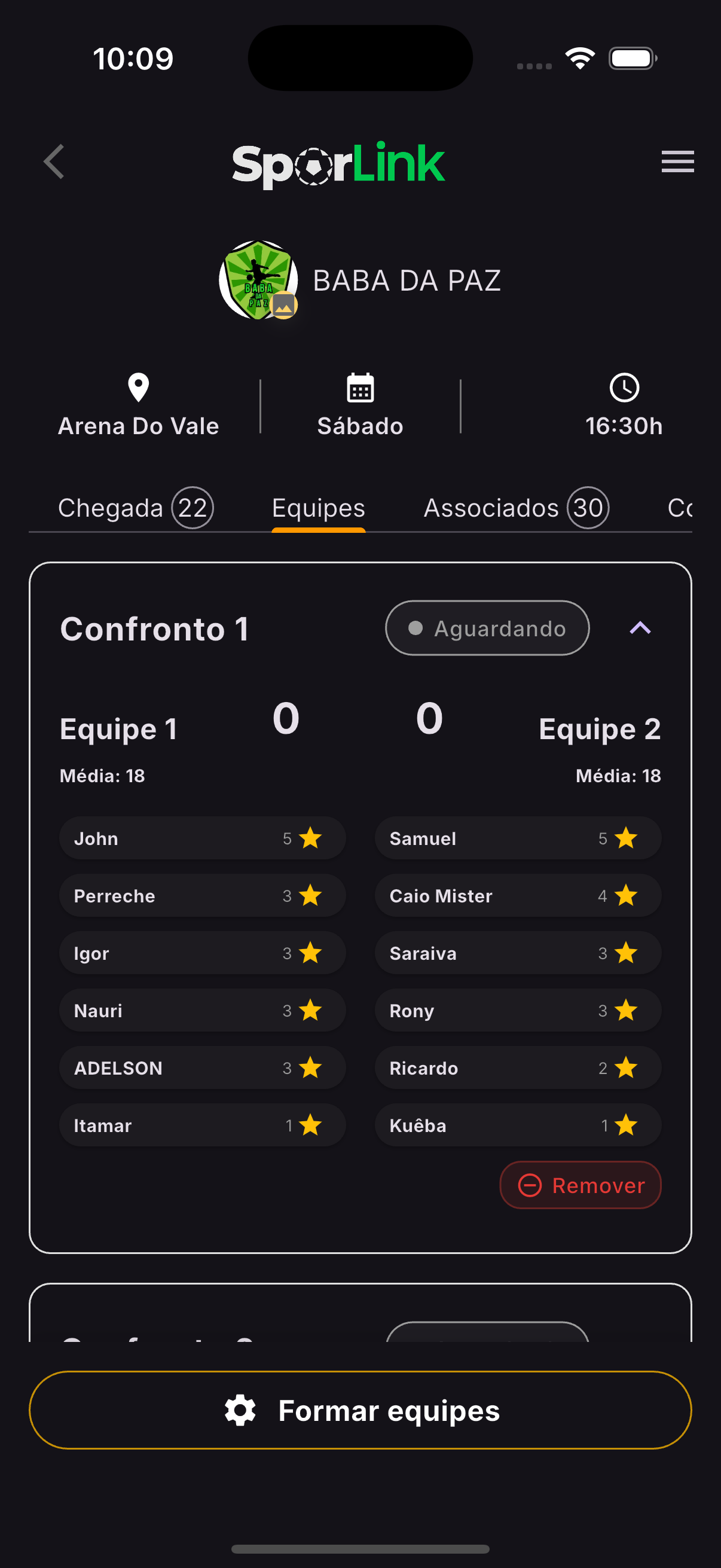 Tela de confrontos do SporLink