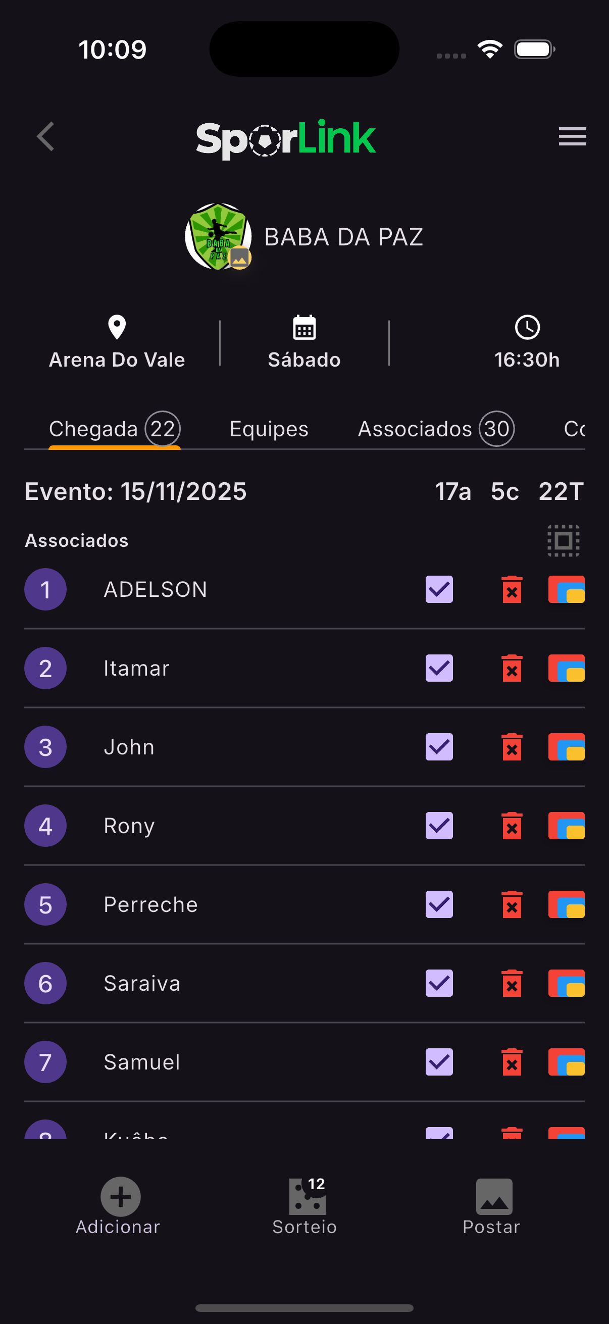 Lista de chegada do SporLink